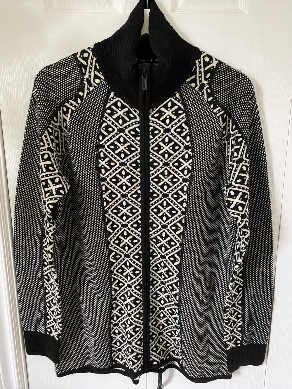 Smartwool Full Zip Cardigan Black + White Geometric Knit Merino Sweater Size XL